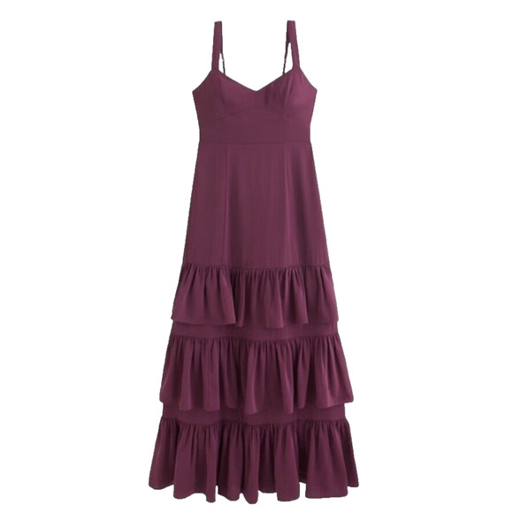 Abercrombie & Fitch Drama Ruffle Tiered Royalcore Chiffon Maxi Dress Purple SM - Picture 1 of 13
